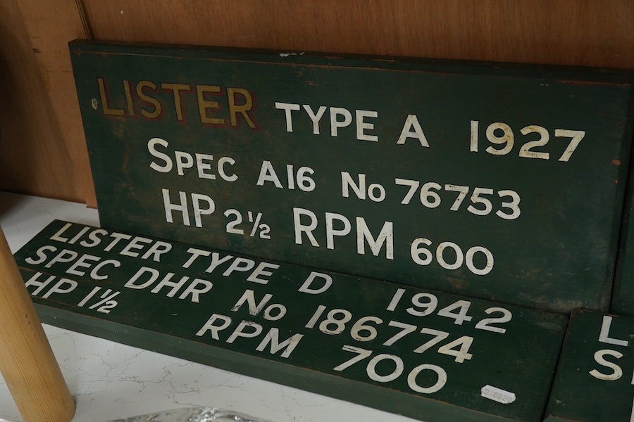 Four Lister engine painted wooden signs, dated: 1927 1933 1942 and 1951. Widest 56cm. Condition - worn in places